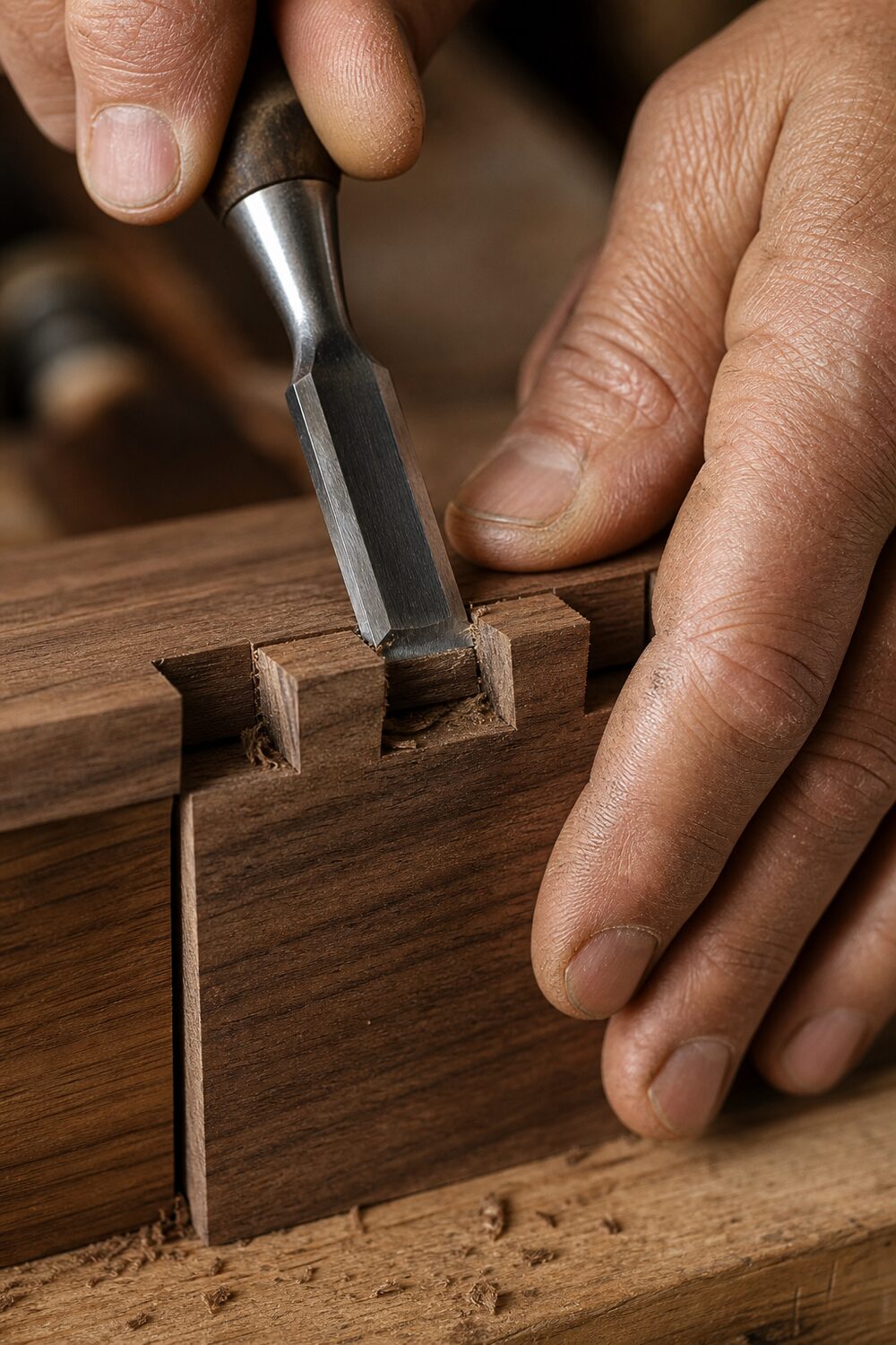 Skilled hands fitting a dovetail joint in fine walnut