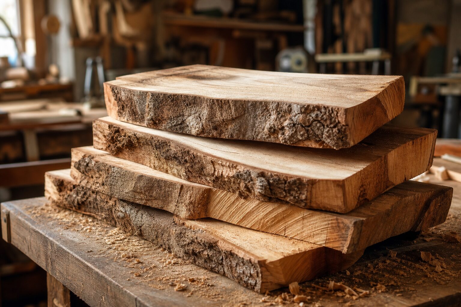 A stack of rough-sawn raw timber planks in the workshop
